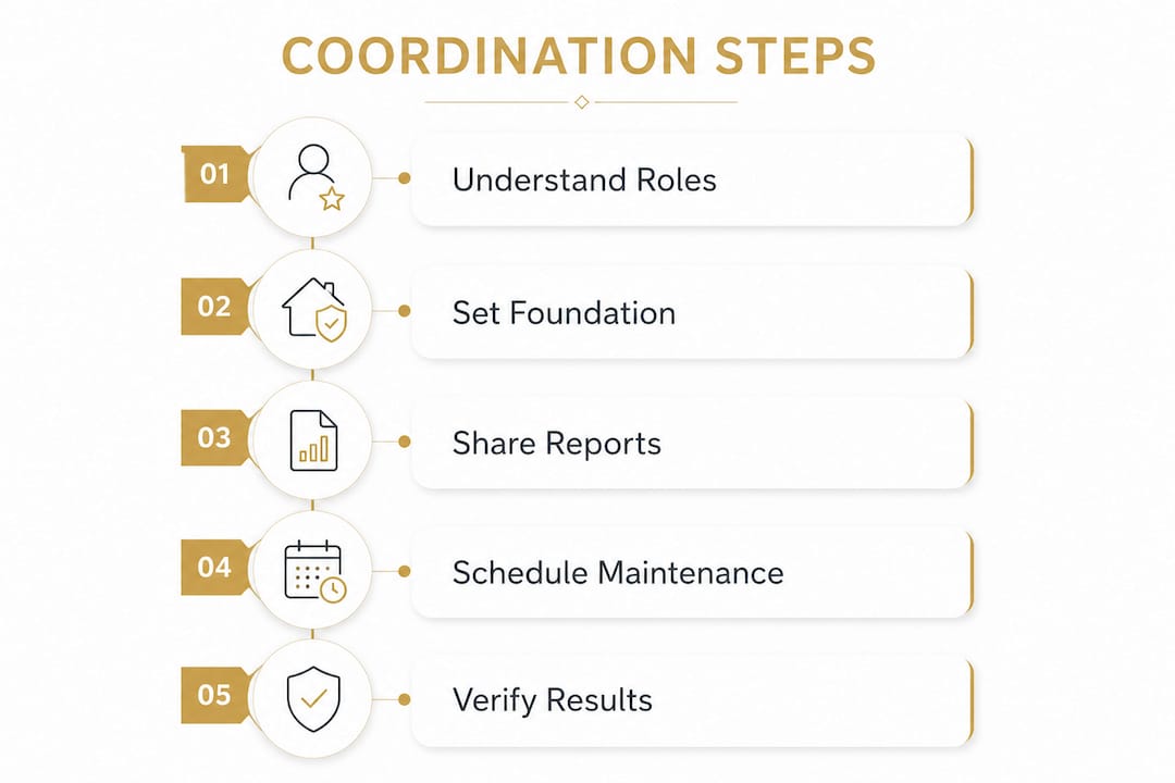 How to Coordinate Home Watch and Property Management Infographic illustrating steps to coordinate home watch and property management
