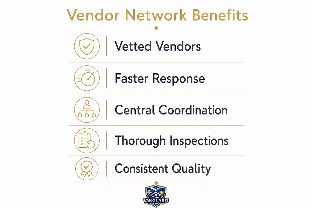 The Role of a Reliable Vendor Network in Home Watch Infographic illustrating key benefits of a vendor network
