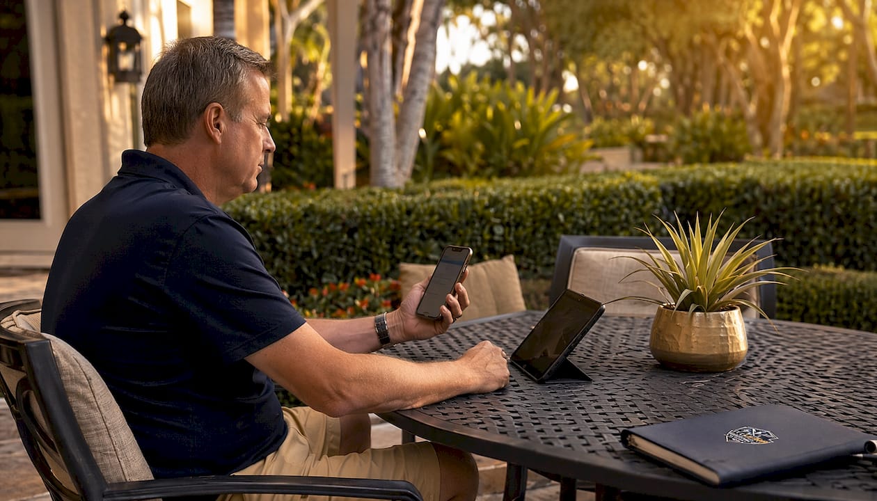 Florida Second Home Maintenance Workflow for Absentee Owners Man monitoring smart home devices remotely
