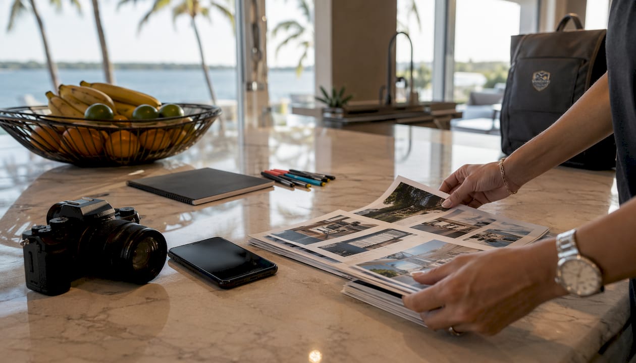 Why Home Watch Companies Use Photos: What You Need to Know Hands organizing home inspection photos on table