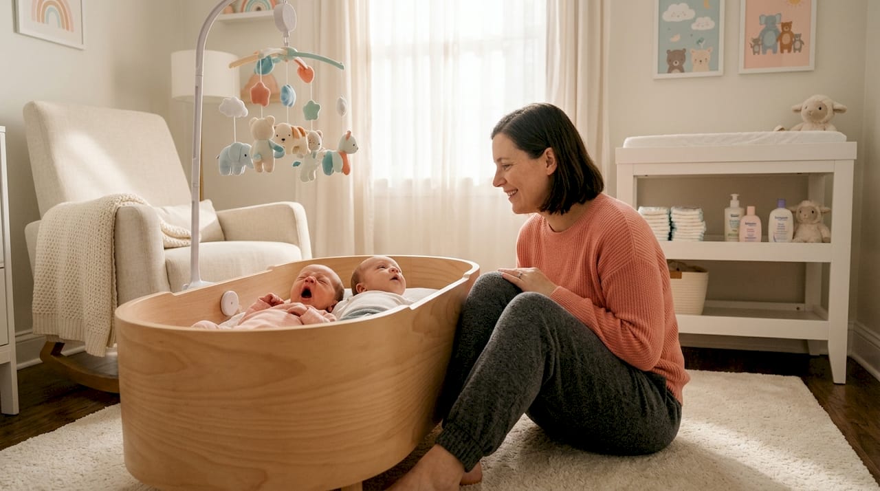 Parent watching twins for early sleep cues