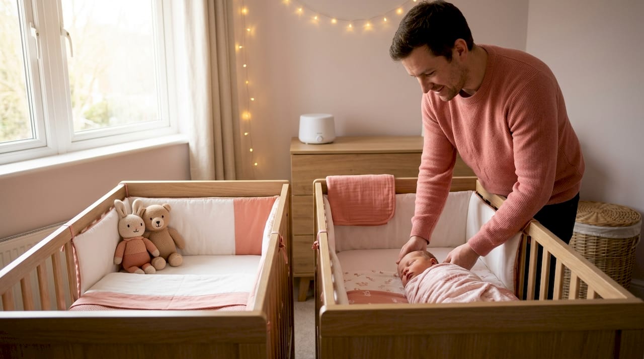 Father arranging twin cribs and nursery setup