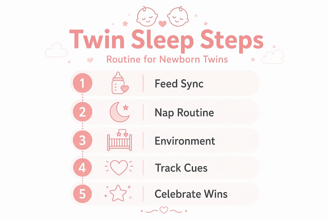 Vertical flow infographic showing steps for twin newborn sleep