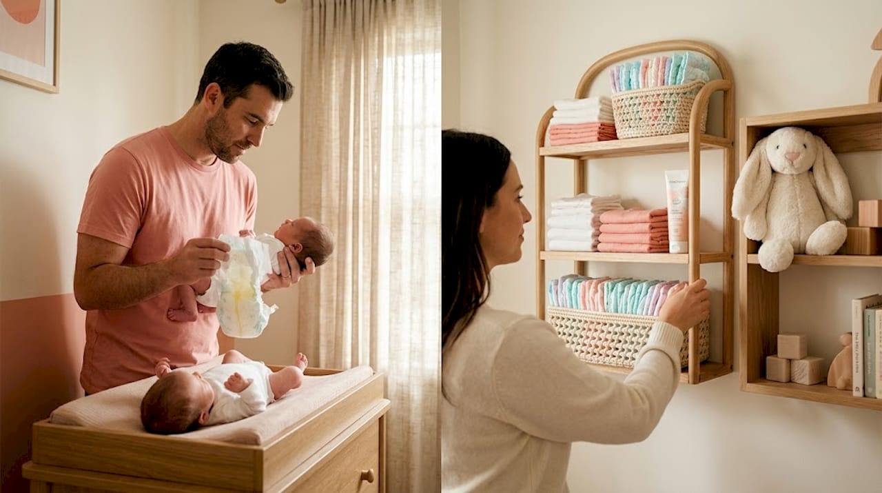 Parents changing diapers for newborn twins