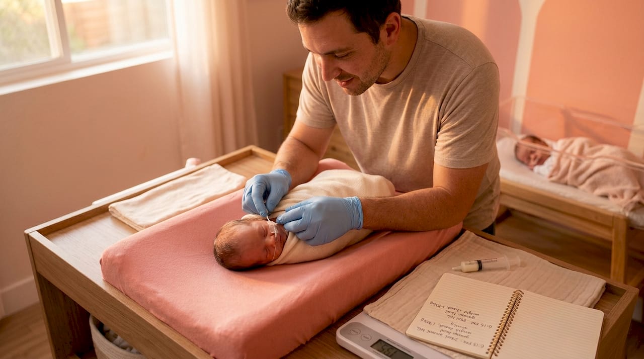 Father managing NG tube feeding for premature twin
