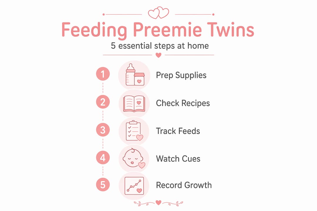 Infographic showing five steps for preemie twin feeding