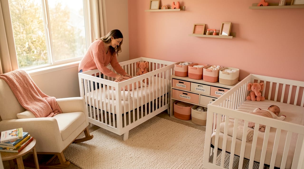 Functional twin nursery with labeled storage