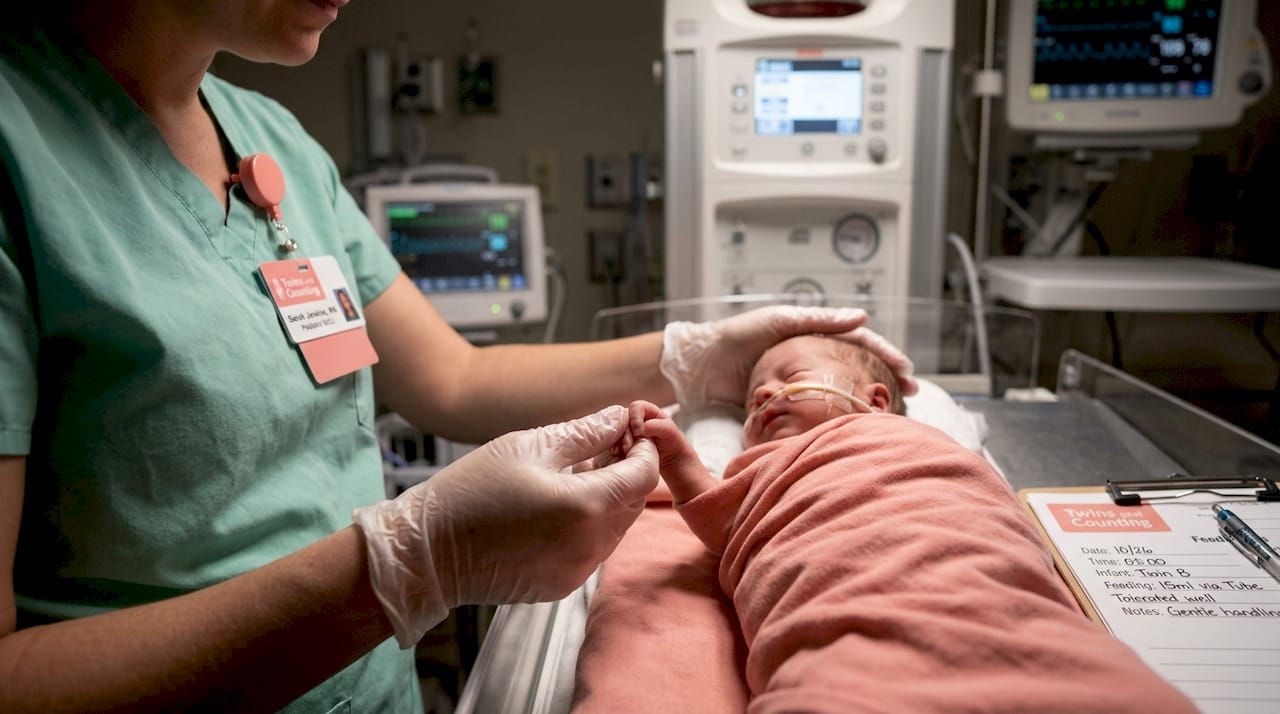 Nurse holding premature infant's hand during feeding
