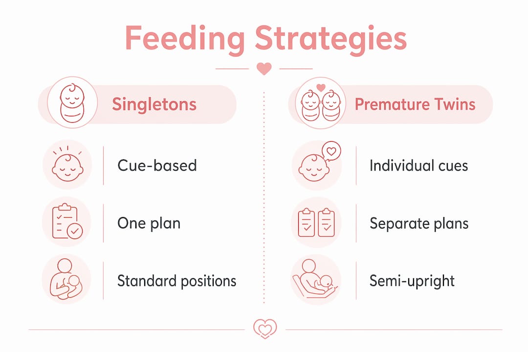 Infographic comparing feeding strategies for premature singletons vs twins