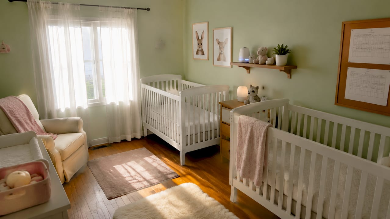 Close-up of sleep training tools in twin nursery