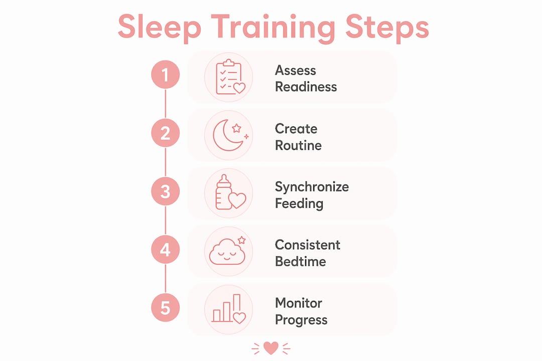 Infographic illustrating sleep training steps for twins
