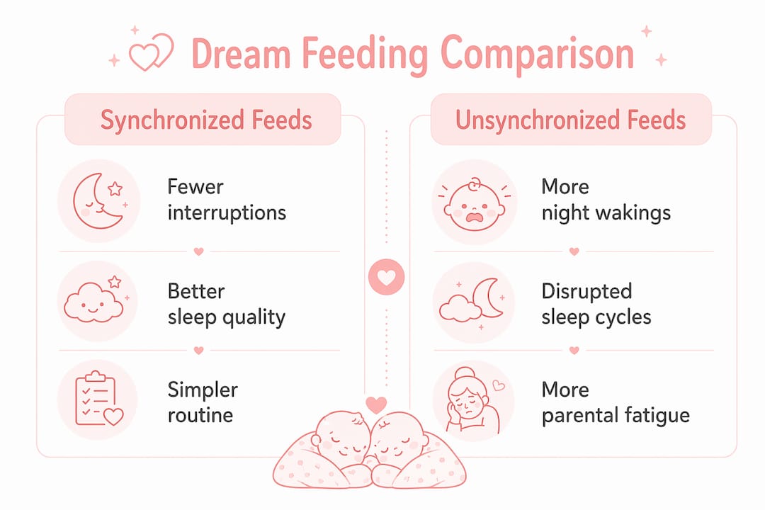 Infographic comparing synchronized vs unsynchronized twin dream feeding