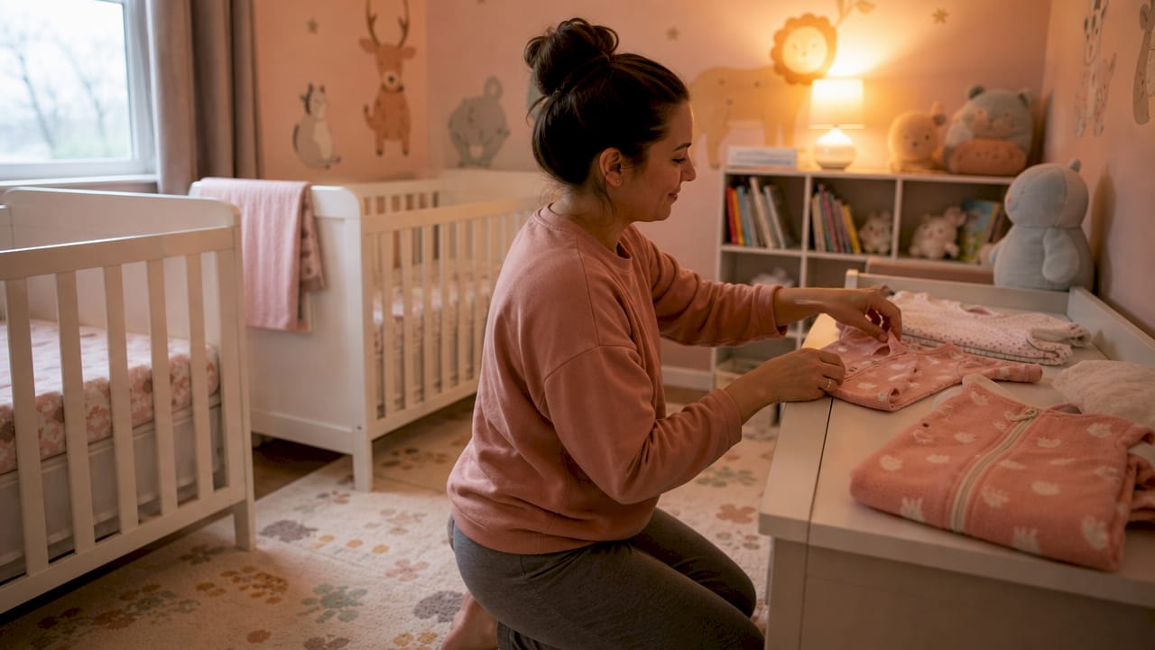 Single parent preparing pajamas for twins at nursery