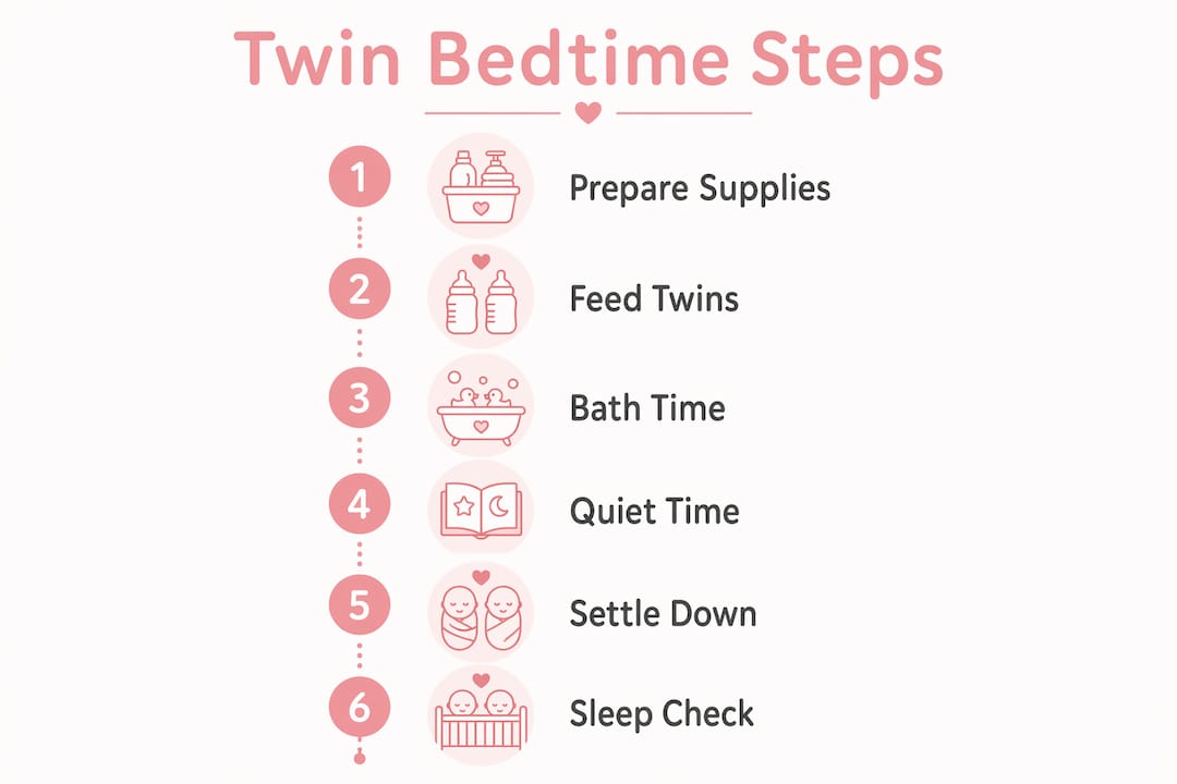 Infographic showing step-by-step twin bedtime routine