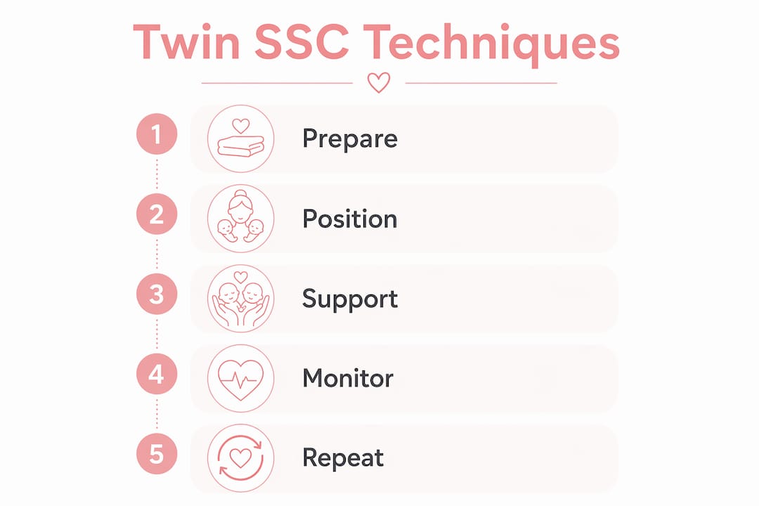 Infographic showing steps of skin-to-skin feeding techniques for twins