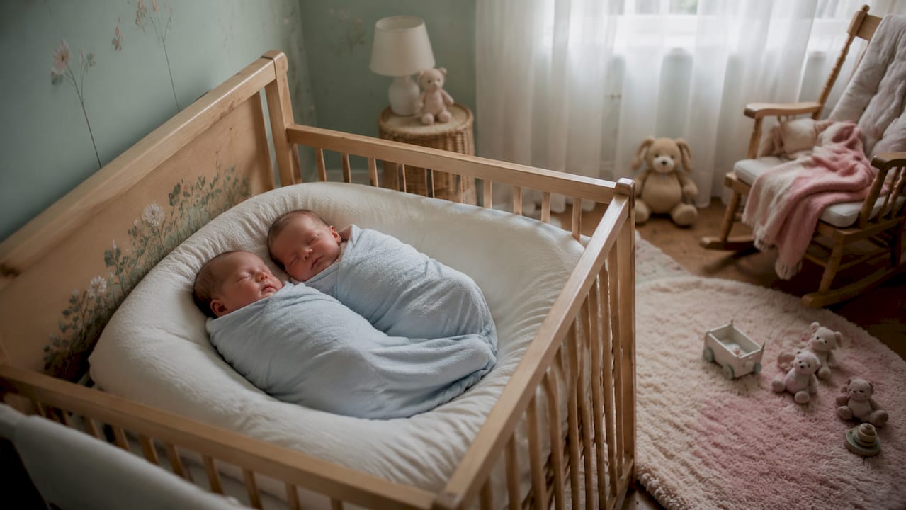 Sleeping newborn twin babies side-by-side