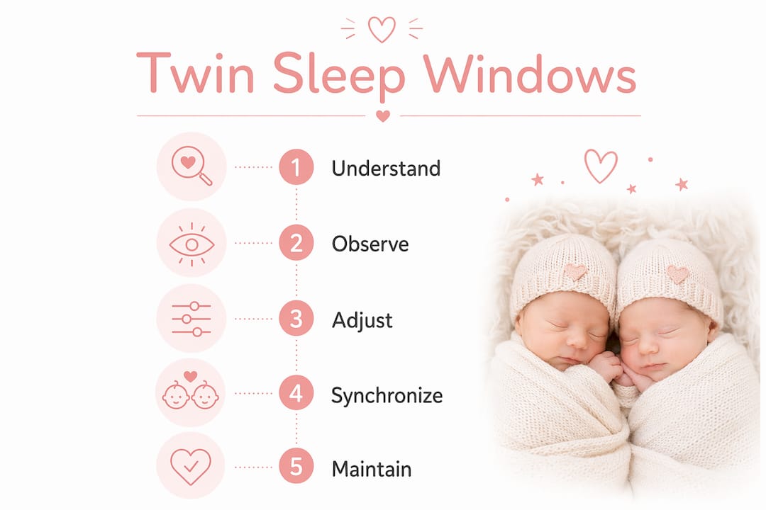 Infographic illustrating twin sleep window steps