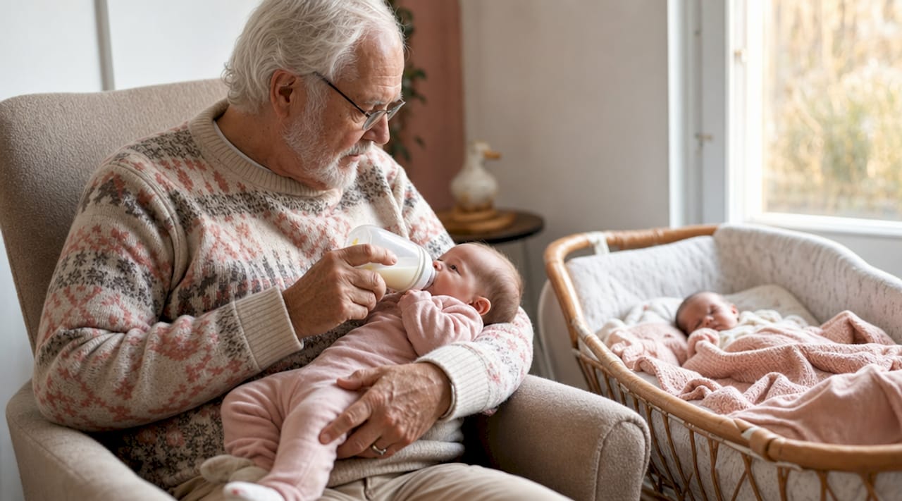 Grandfather bottle-feeding twin baby in kitchen