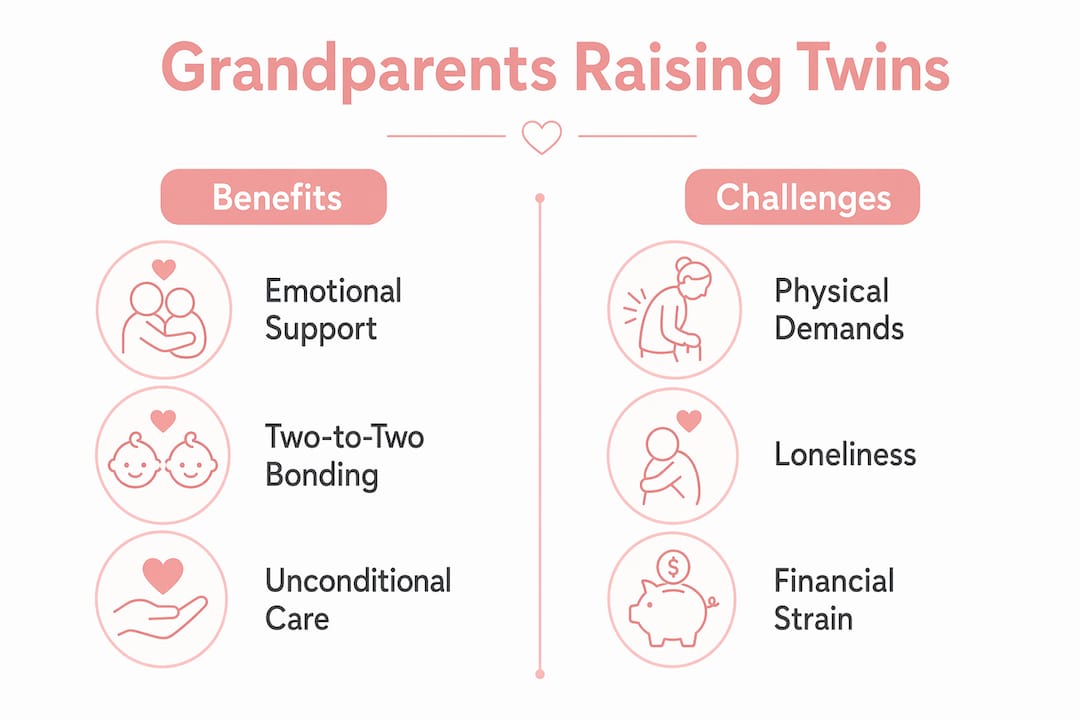 Infographic comparing benefits and challenges for grandparents raising twins