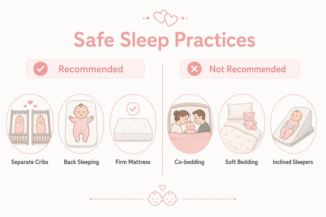 Infographic comparing safe and unsafe sleep practices for twins