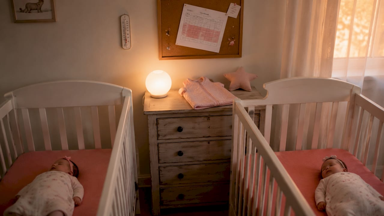 Twin nursery with cribs and sleep tools setup