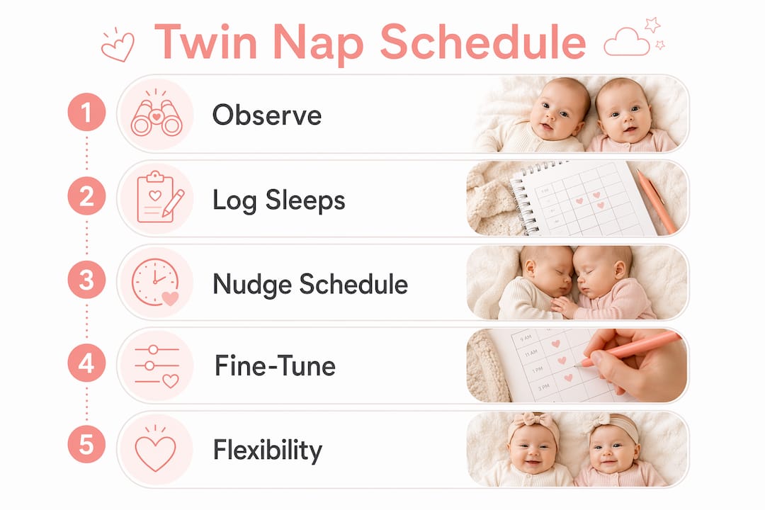 Infographic showing step-by-step twin nap schedule