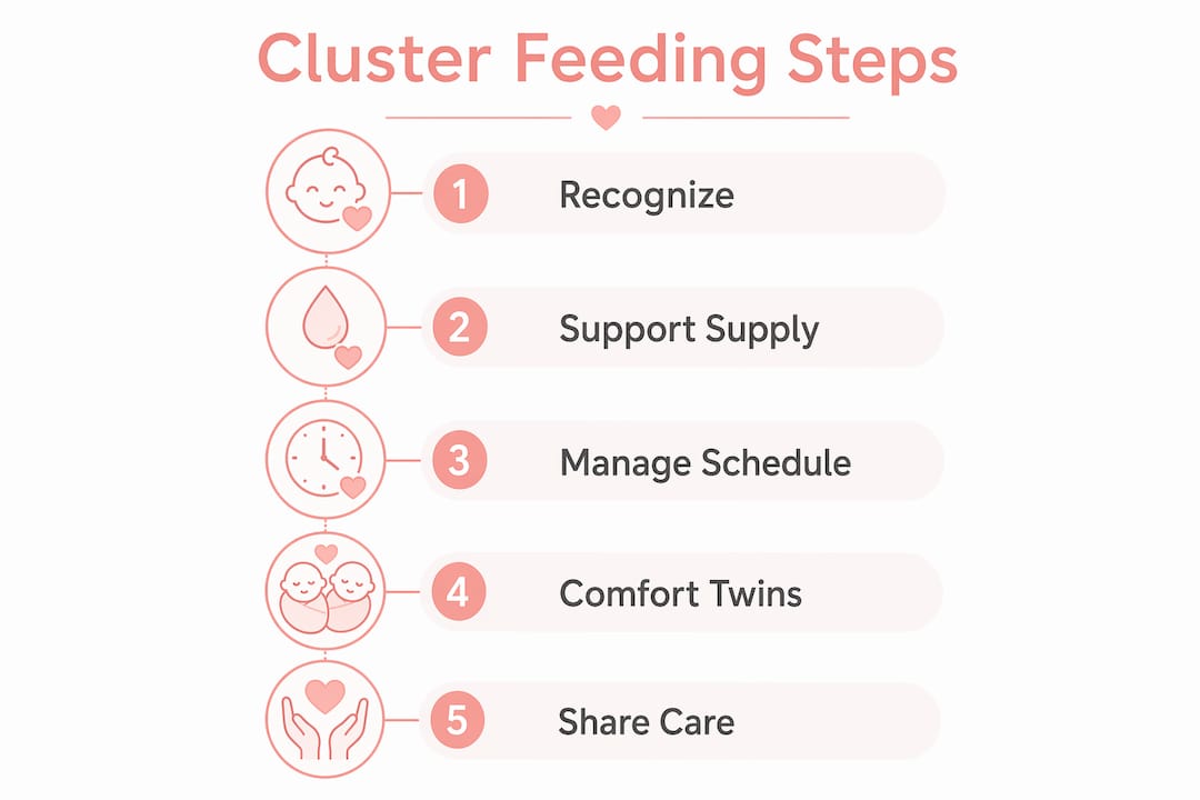 Infographic depicting cluster feeding steps for twins