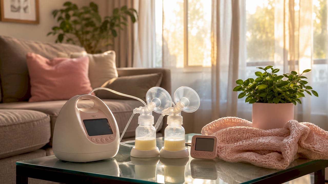 Hospital-grade breast pump setup with accessories