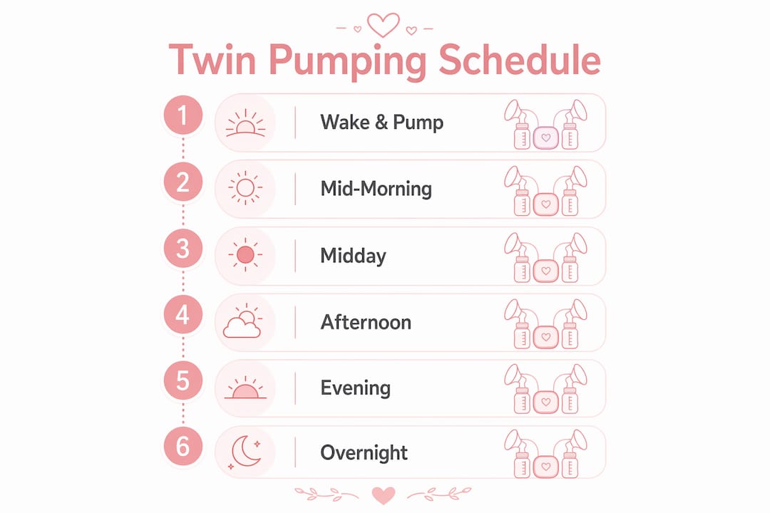 Infographic showing twin mom pumping schedule steps