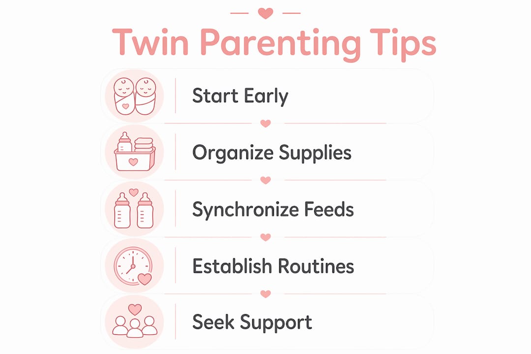 Infographic showing practical twin parenting tips in numbered steps
