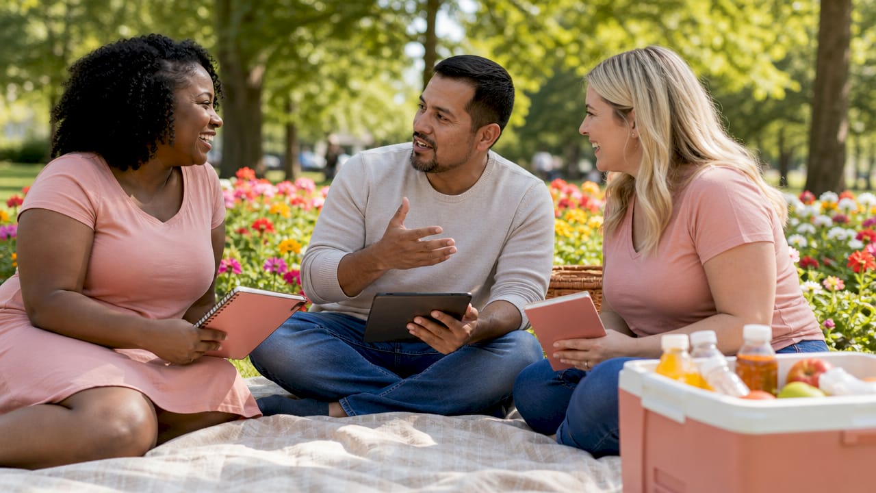 Group sharing twin parenting stories in meeting room