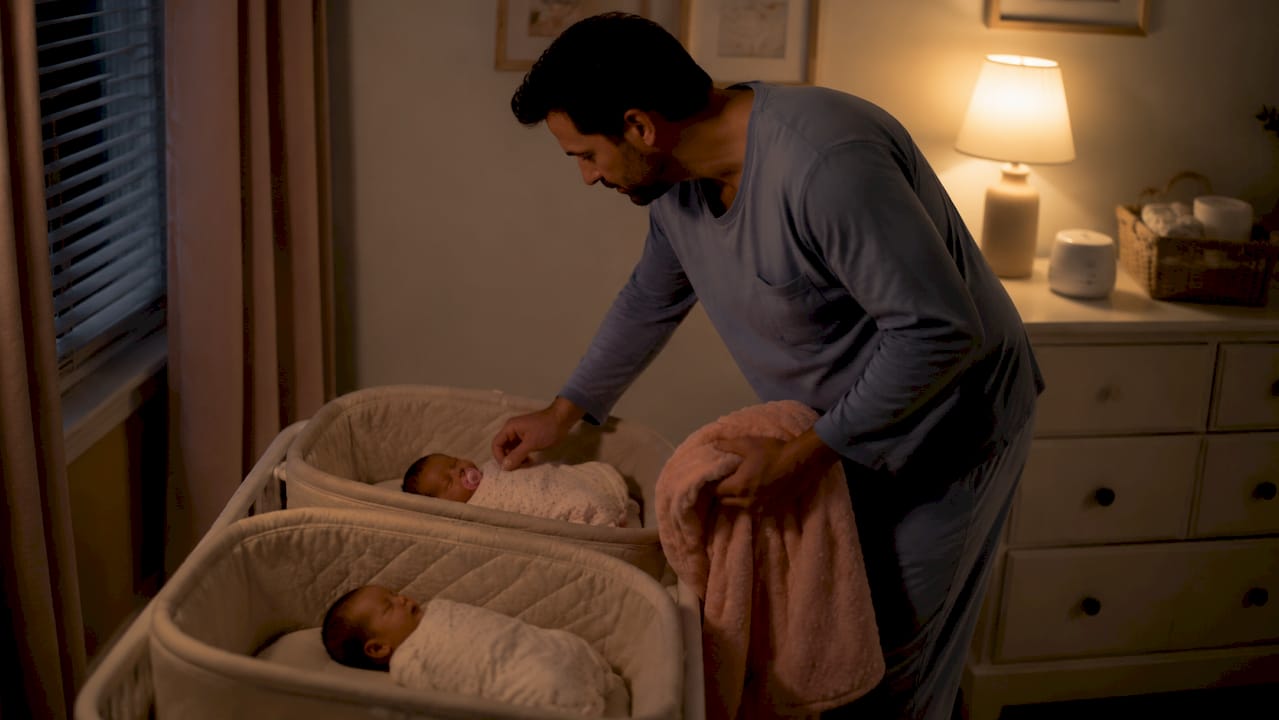 Father soothing twin babies at night