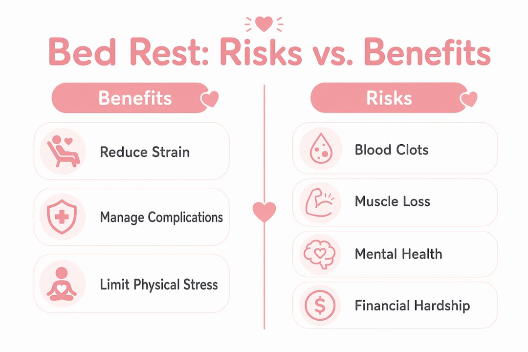 Infographic comparing bed rest benefits and risks
