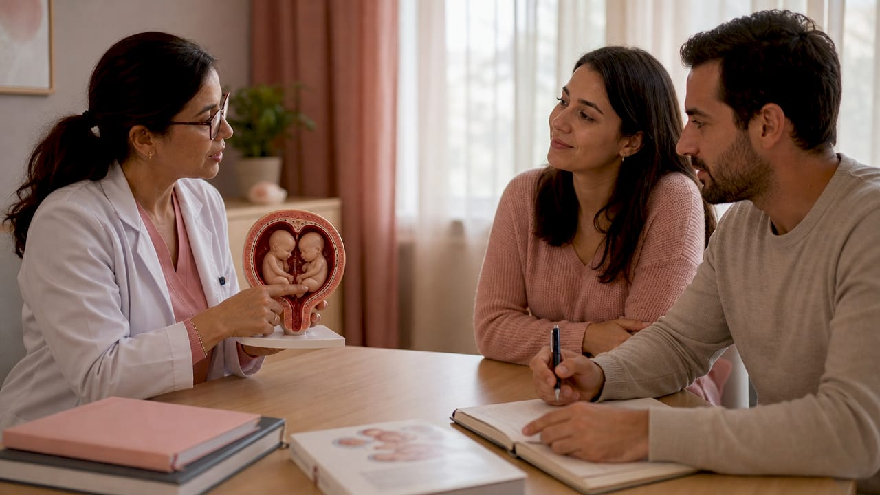 Doctor explaining twin pregnancy risks