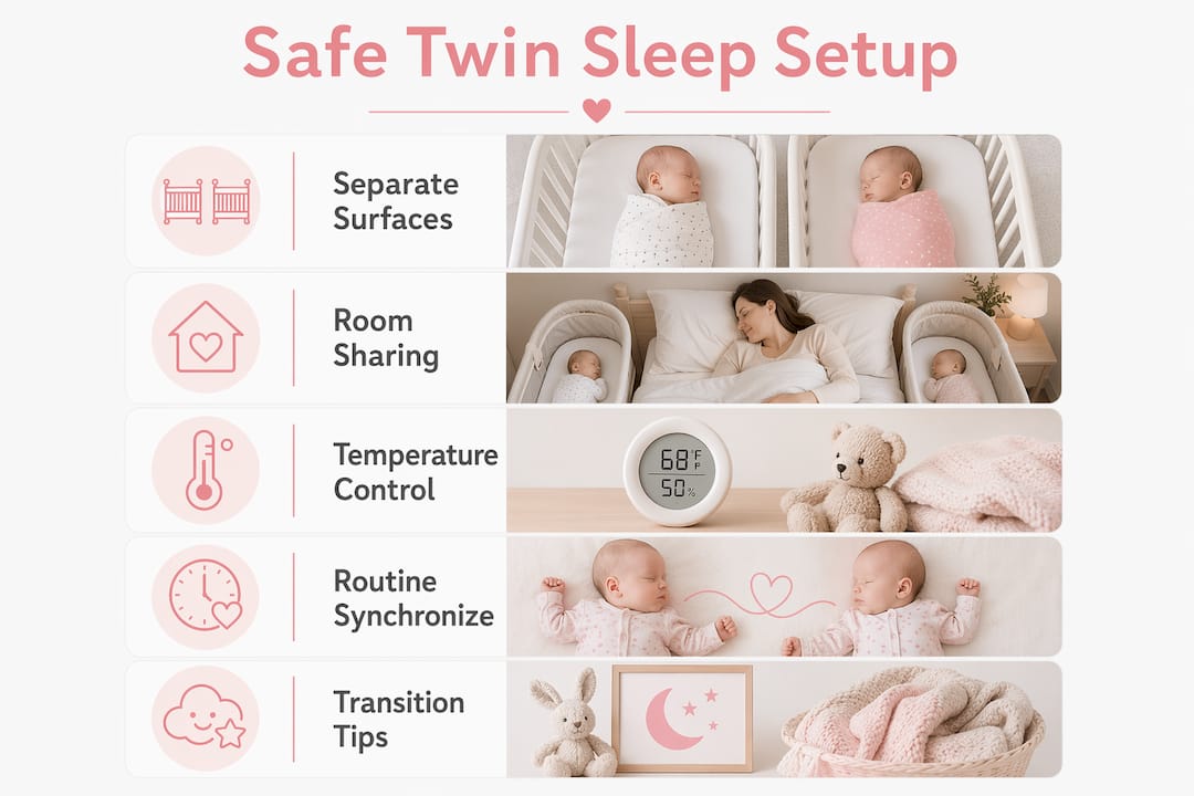 Infographic outlining safe co-sleeping steps for twins