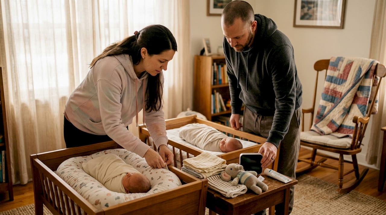 Parents preparing synchronized feeding for twins