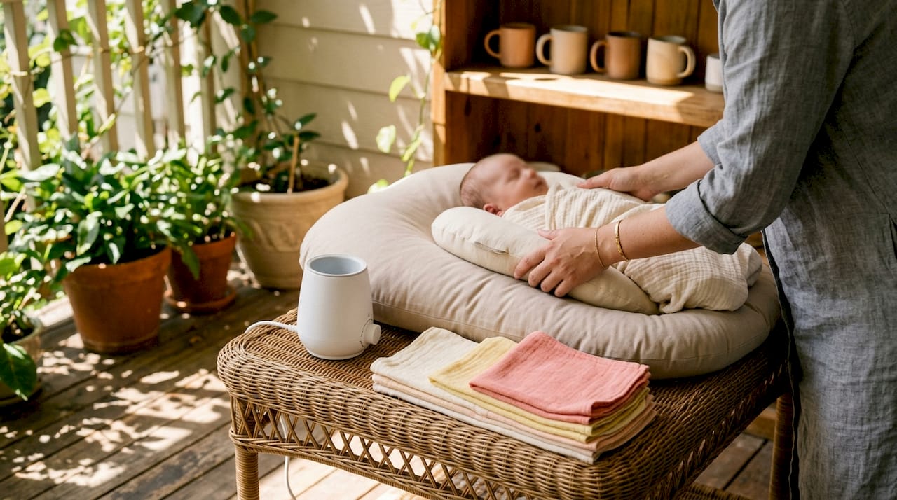 Caregiver adjusting infant feeding position pillow