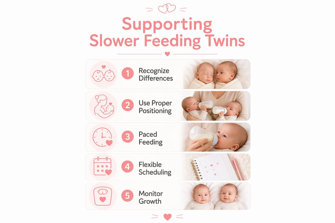 Infographic showing practical steps to support slower feeding twins
