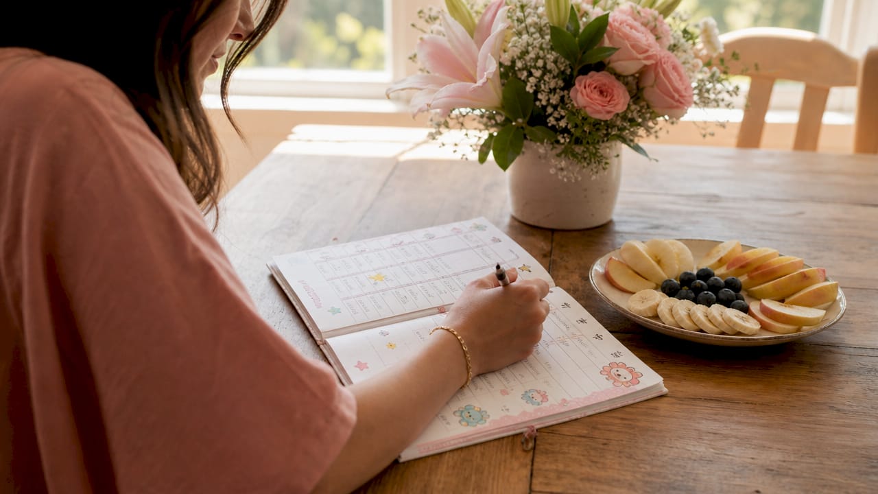 Mother’s hand writing twin feeding log on table