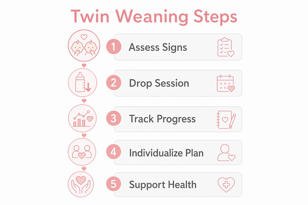 Infographic outlining 5 steps to wean twins from breastfeeding
