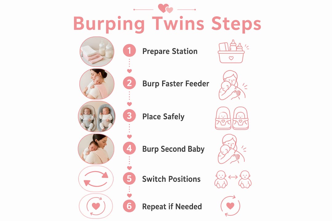 Infographic outlining burping twins step-by-step process