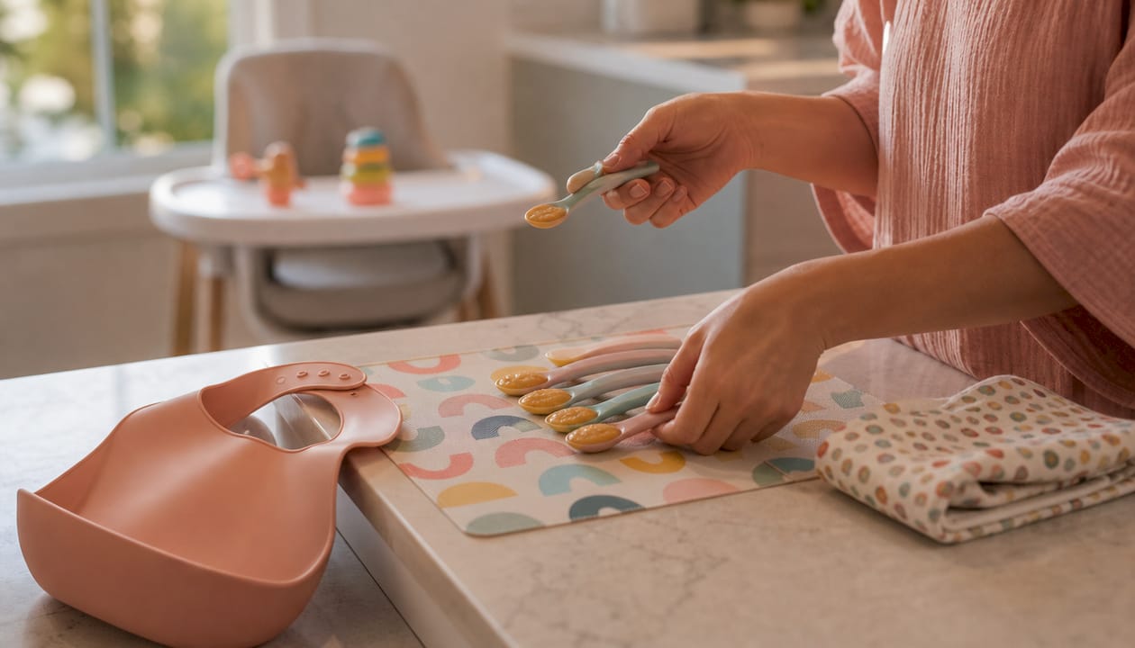 Hands preparing pre-loaded spoons for twin feeding