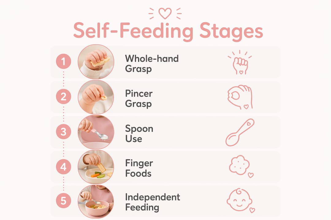 Infographic outlining twin self-feeding developmental stages