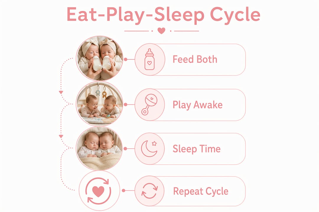 Infographic illustrating Eat-Play-Sleep cycle for twins