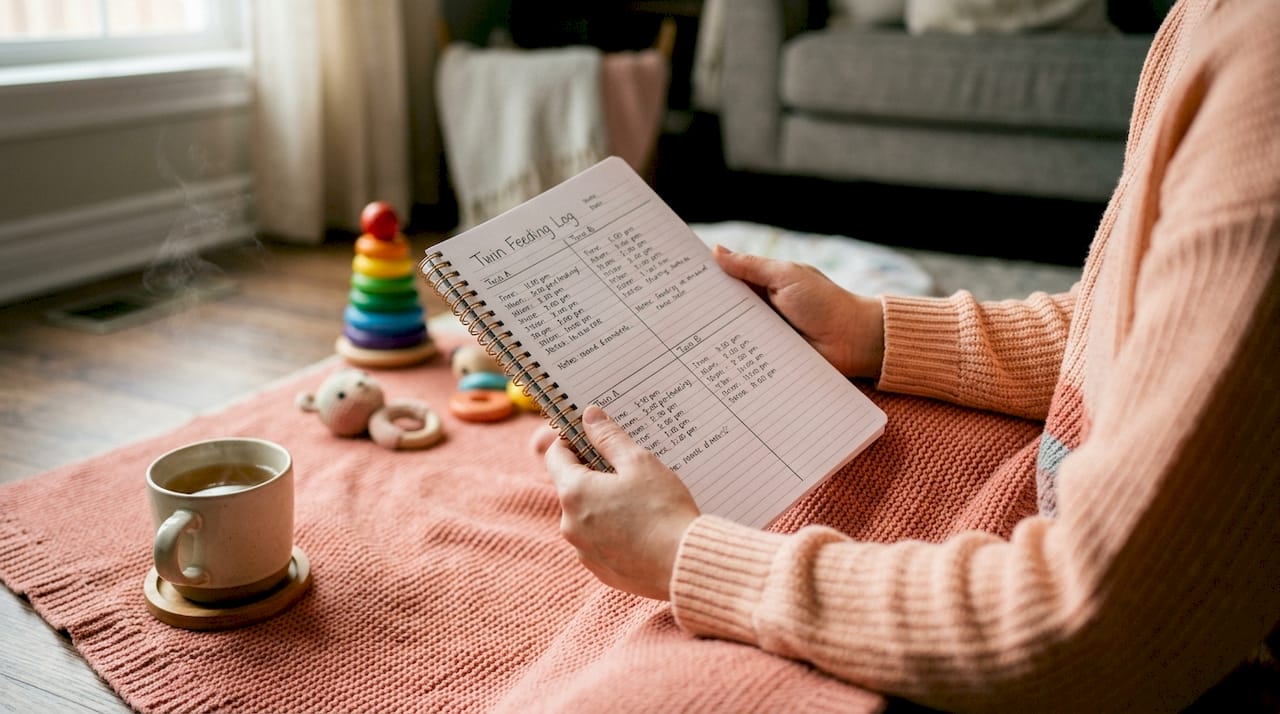 Hands holding twin feeding log notebook