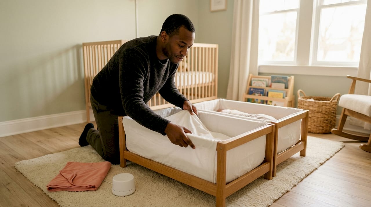 Father preparing two separate bassinets for twins