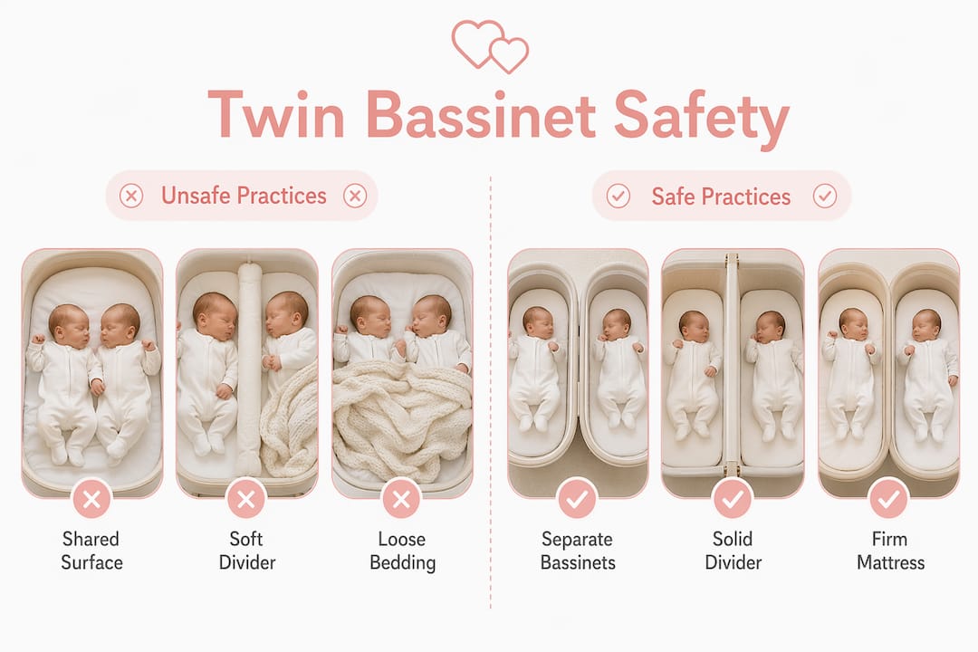 Infographic comparing safe and unsafe twin bassinet practices