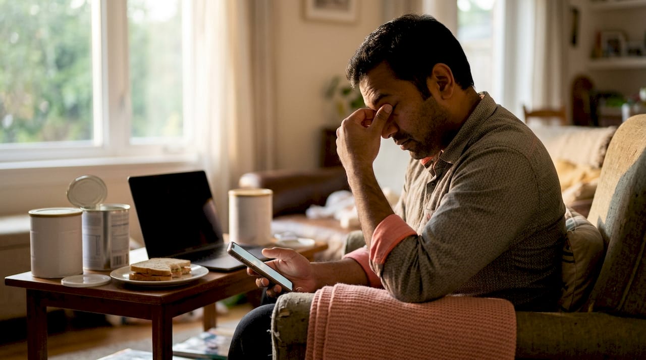 Exhausted father at kitchen table with twins' items