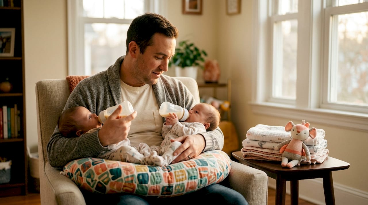 Father feeding twin babies simultaneously in nursery