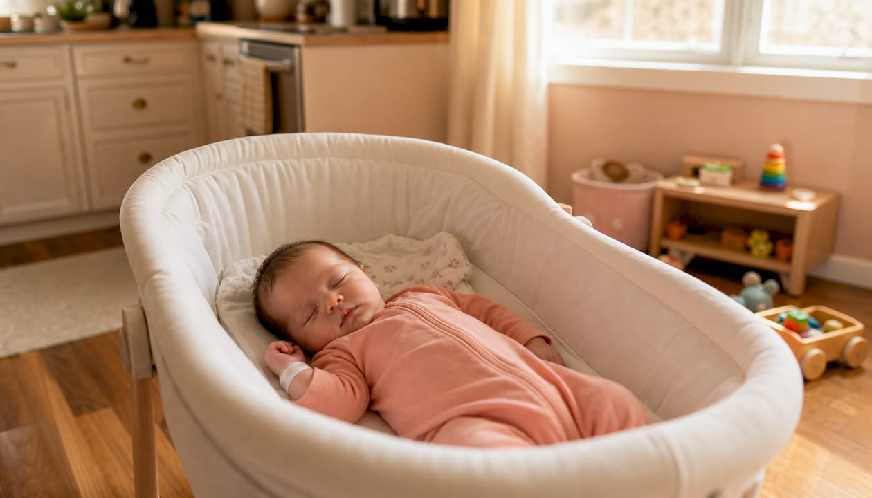 Sleeping twin infant in nursery bassinet